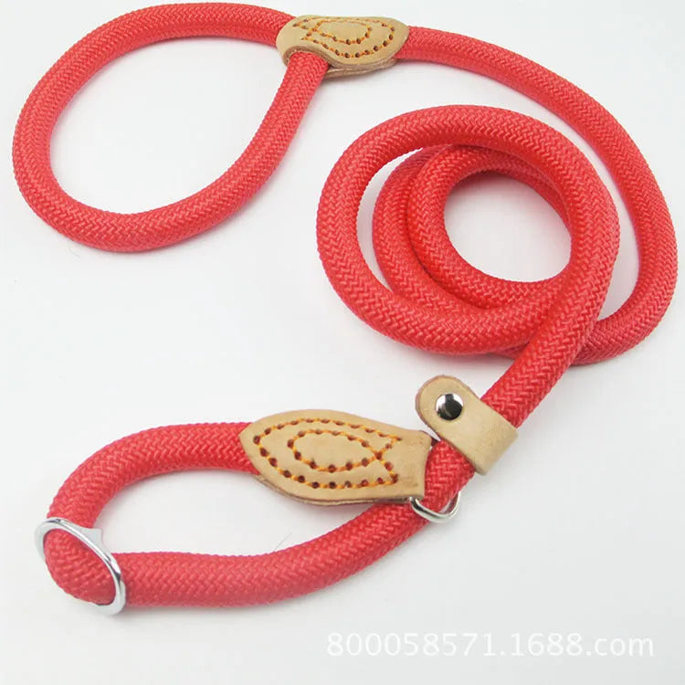 Brown nylon dog leash with metal P-chain section and rope handle measuring 2.1 metres