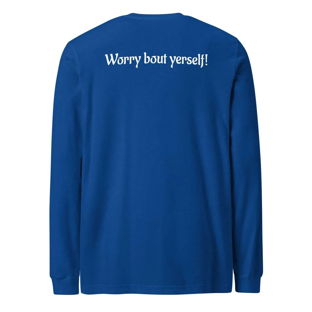 Blue men's loose round neck polyester sweater with printed letter pattern, laid flat.