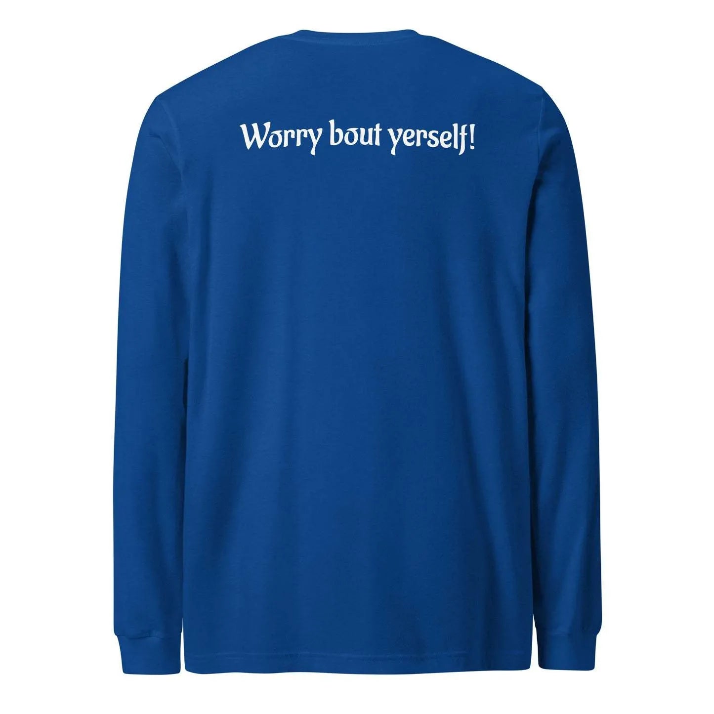 Blue men's loose round neck polyester sweater with printed letter pattern, laid flat.