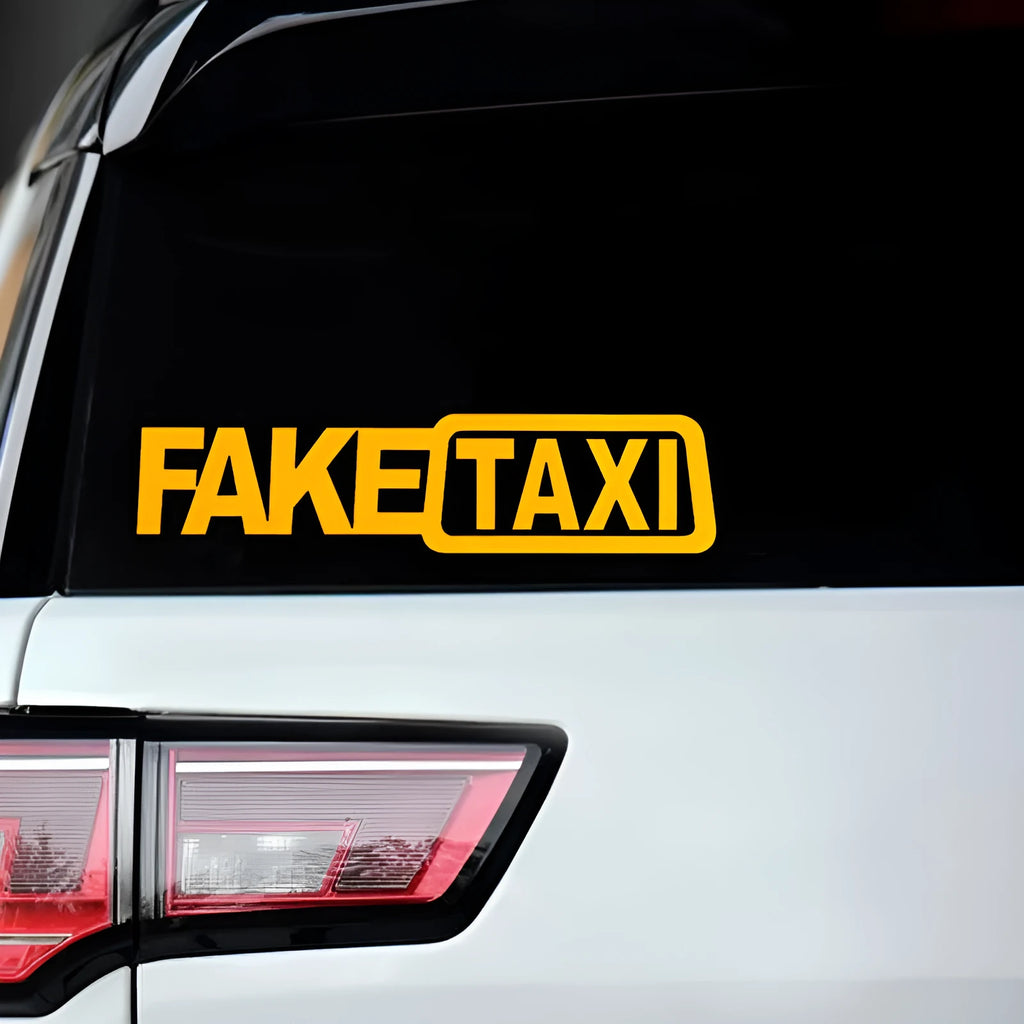 FAKE TAXI car warning sticker in yellow, 20 cm by 8 cm, made of waterproof PET material.