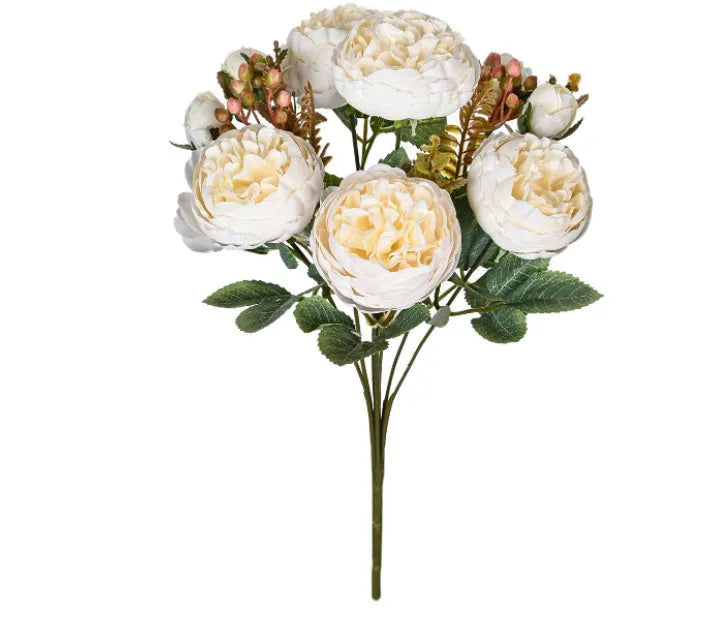 Artificial silk peony flower bouquet in champagne and sand red colours for home decor.