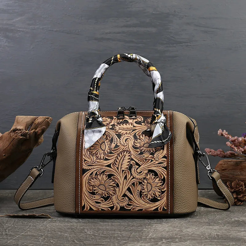 Brown cowhide leather retro messenger bag with multiple pockets showing horizontal square shape and shoulder strap