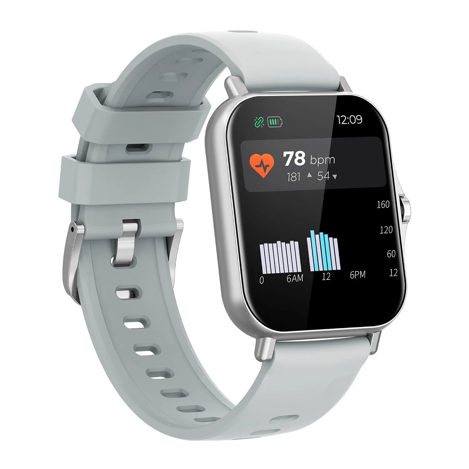 Smart watch showing heart rate and blood pressure on a 1.75-inch curved touch screen, with a black wristband.