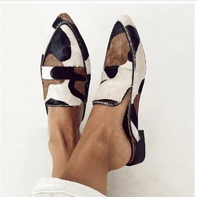 Women's black and white apricot retro pointed-toe low heel suede shoes with imitation horse hair pattern