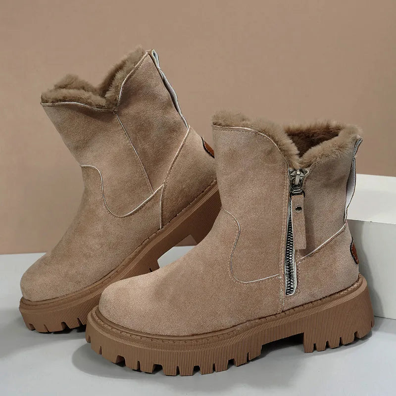 Black high-top women's snow boots with side zipper and faux fur cuff