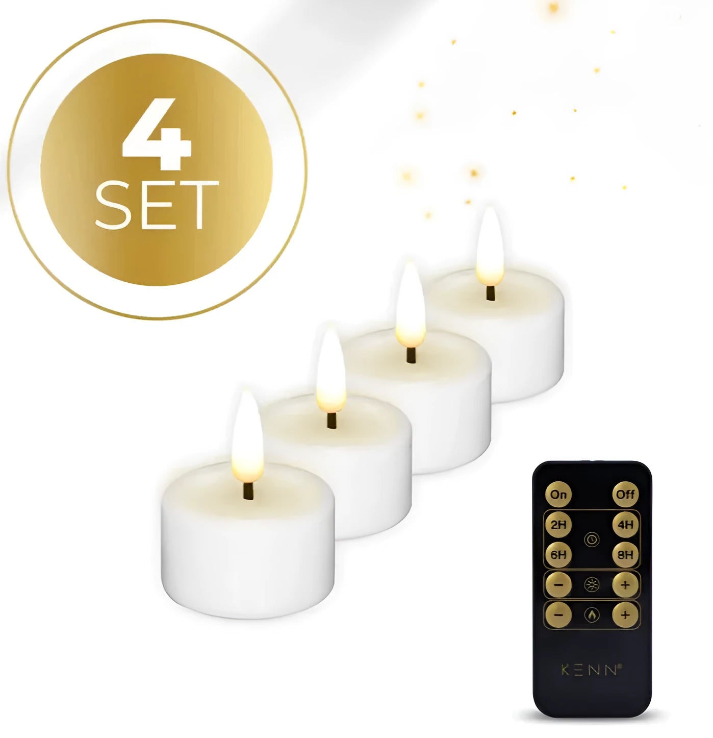 Four white S4 LED tealight candles showing flickering flame effect, placed on a surface