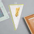 Clear triangle-shaped plastic packaging bag with a built-in white tie wire, shown sealed.