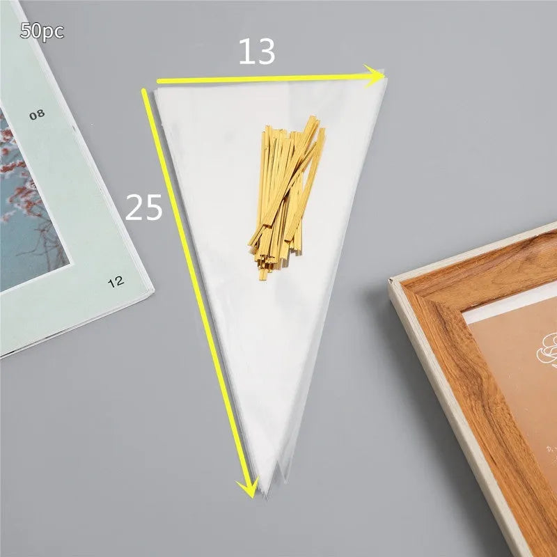 Clear triangle-shaped plastic packaging bag with a built-in white tie wire, shown sealed.