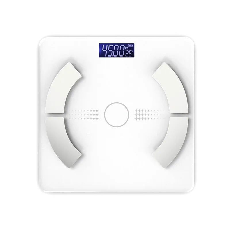 Smart Bluetooth body fat scale in white measuring weight, fat, calories and moisture
