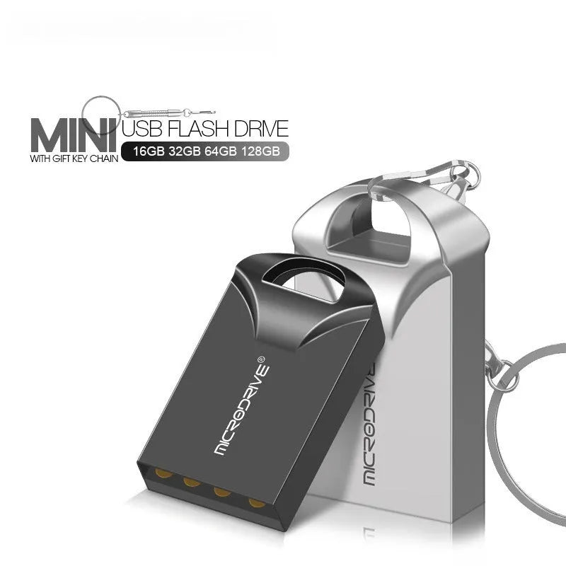 Mini high-speed metal USB flash drive in black or silver, showing compact 23x12x8mm size