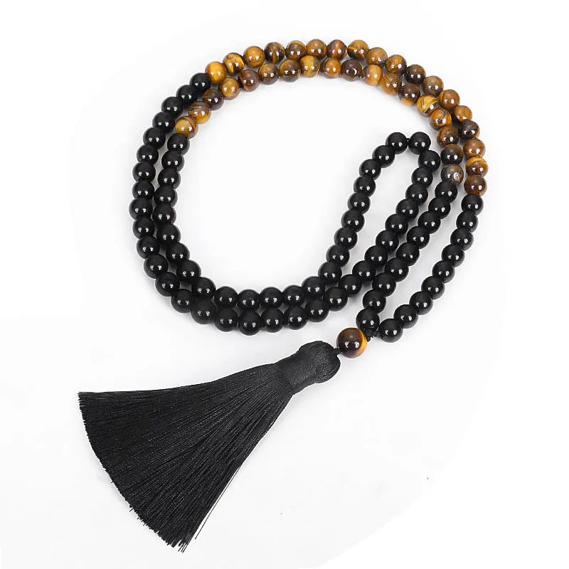 Tiger eye stone tassel pendant on ball bead chain necklace with 81cm length