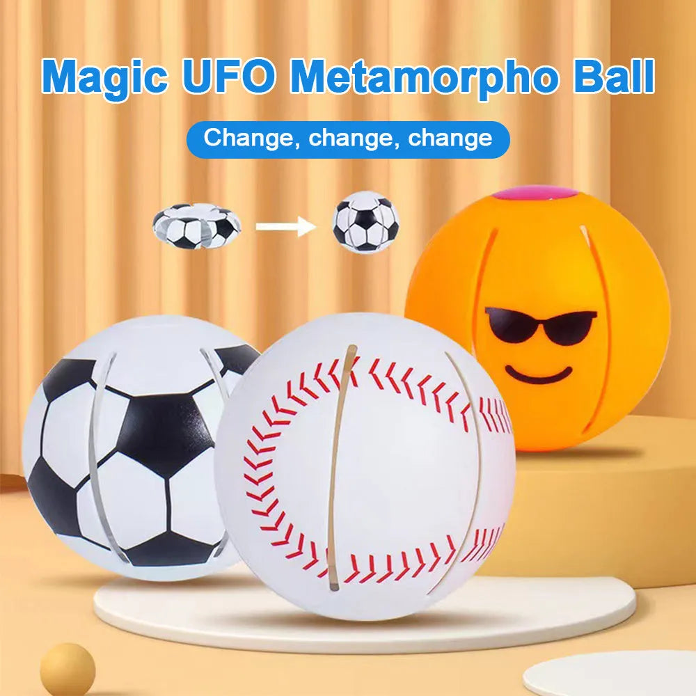 Interactive dog toy showing bouncy ball and flying disc modes with suction cup mechanism