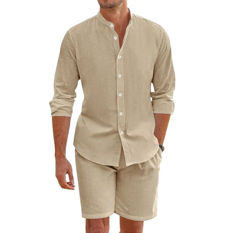 Men's linen-blend casual suit with short-sleeve button shirt and drawstring shorts.