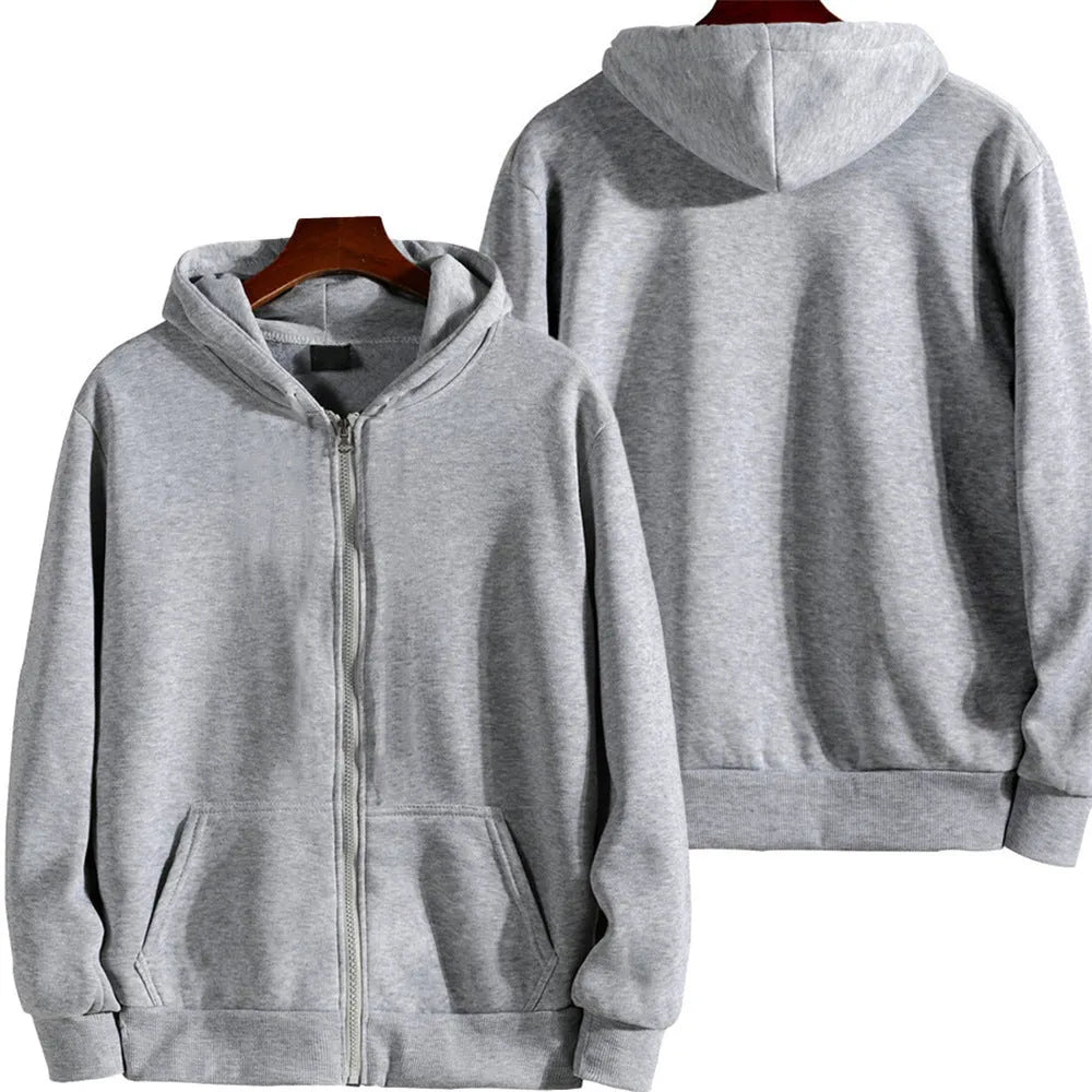 Men's loose fit solid colour zip front jacket in black, shown on a hanger.