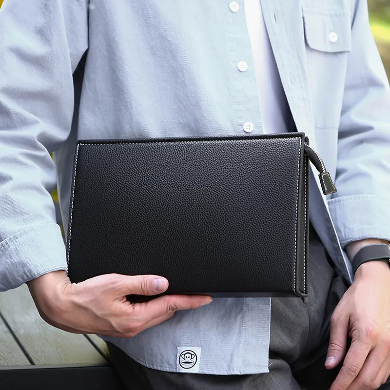 New Clutch Men's Briefcase Soft Leather PU Black with sewing thread detail
