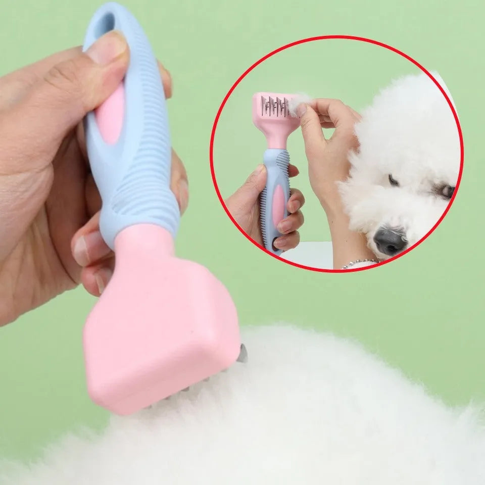 Pink stainless steel dog comb with built-in knot knife and massage brush for pet grooming