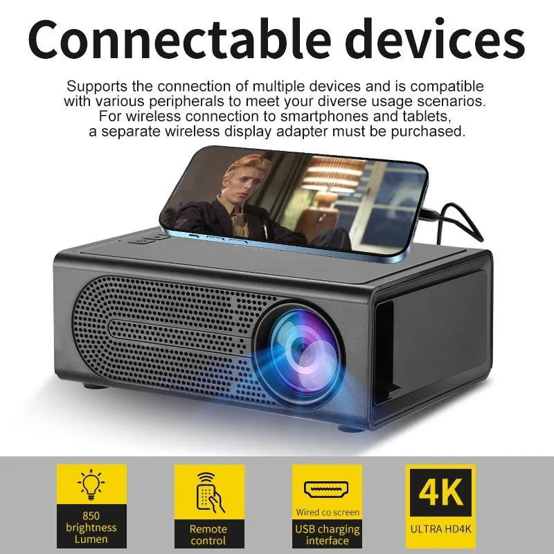 Black and white portable mini projector for wired mobile phone connection.