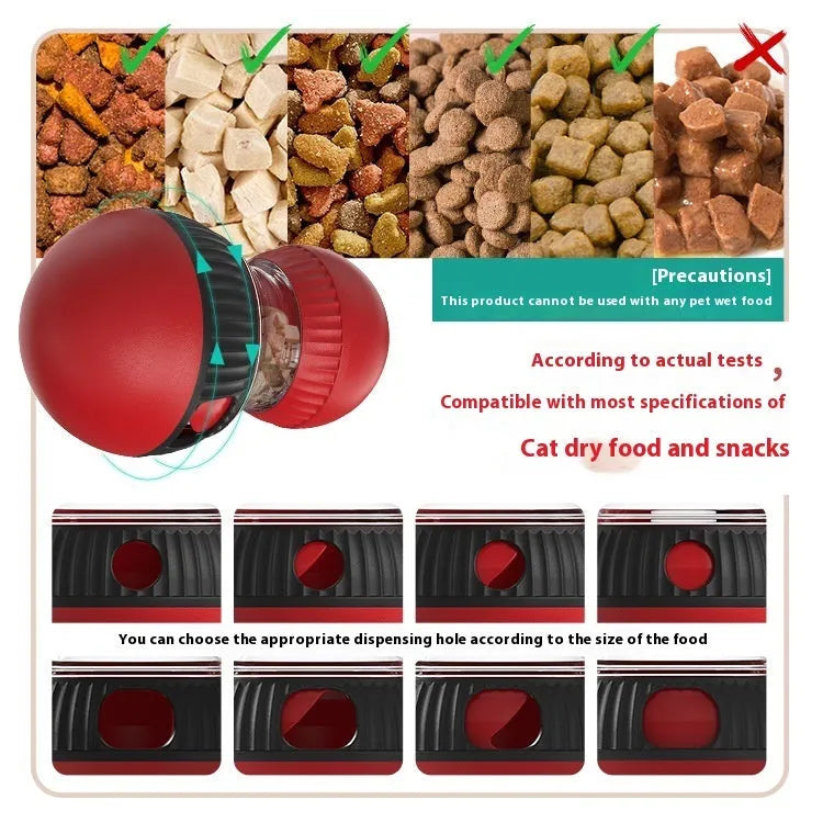 Rotating plastic cat toy with a super ball, designed for food dispensing and sound play.