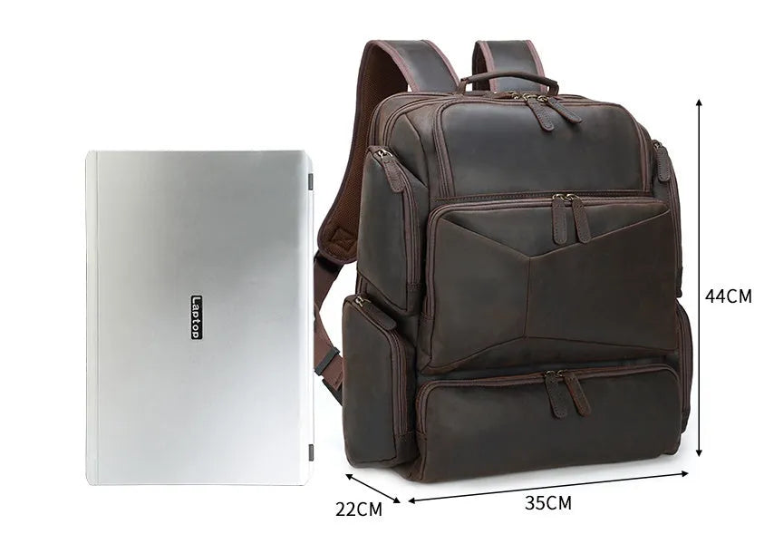 Dark brown leather men's backpack for 17-inch laptops with multiple compartments