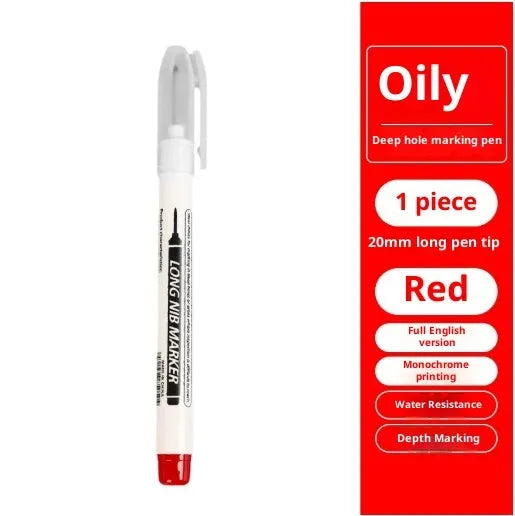 Multi-color deep hole marking pen with 20mm long tip on metal surface showing black ink mark