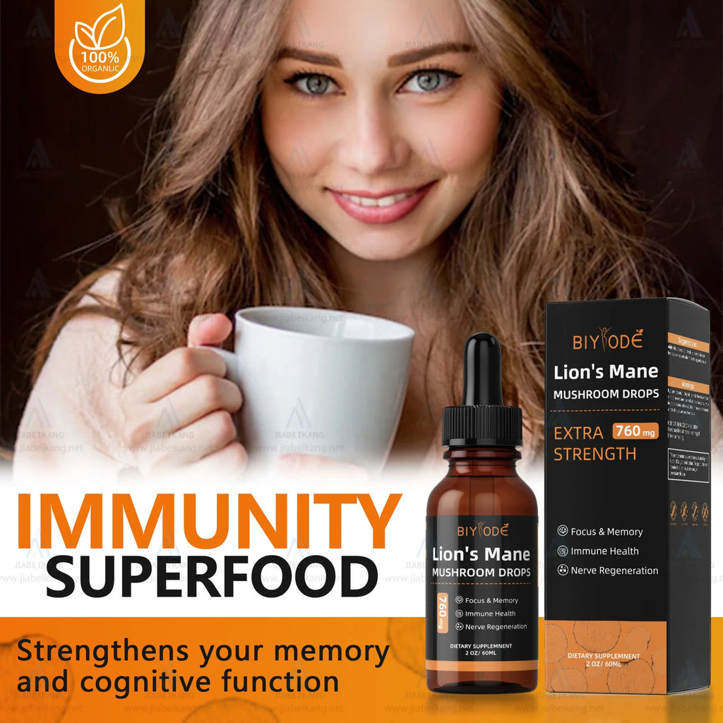 Private label organic Lions Mane mushroom extract liquid drops in a glass bottle with dropper