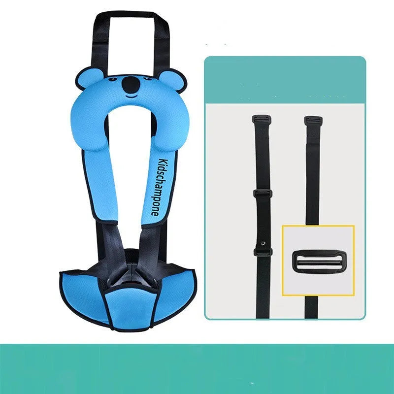 Portable child safety seat belt retainer in polyester fabric for children 12-36kg.