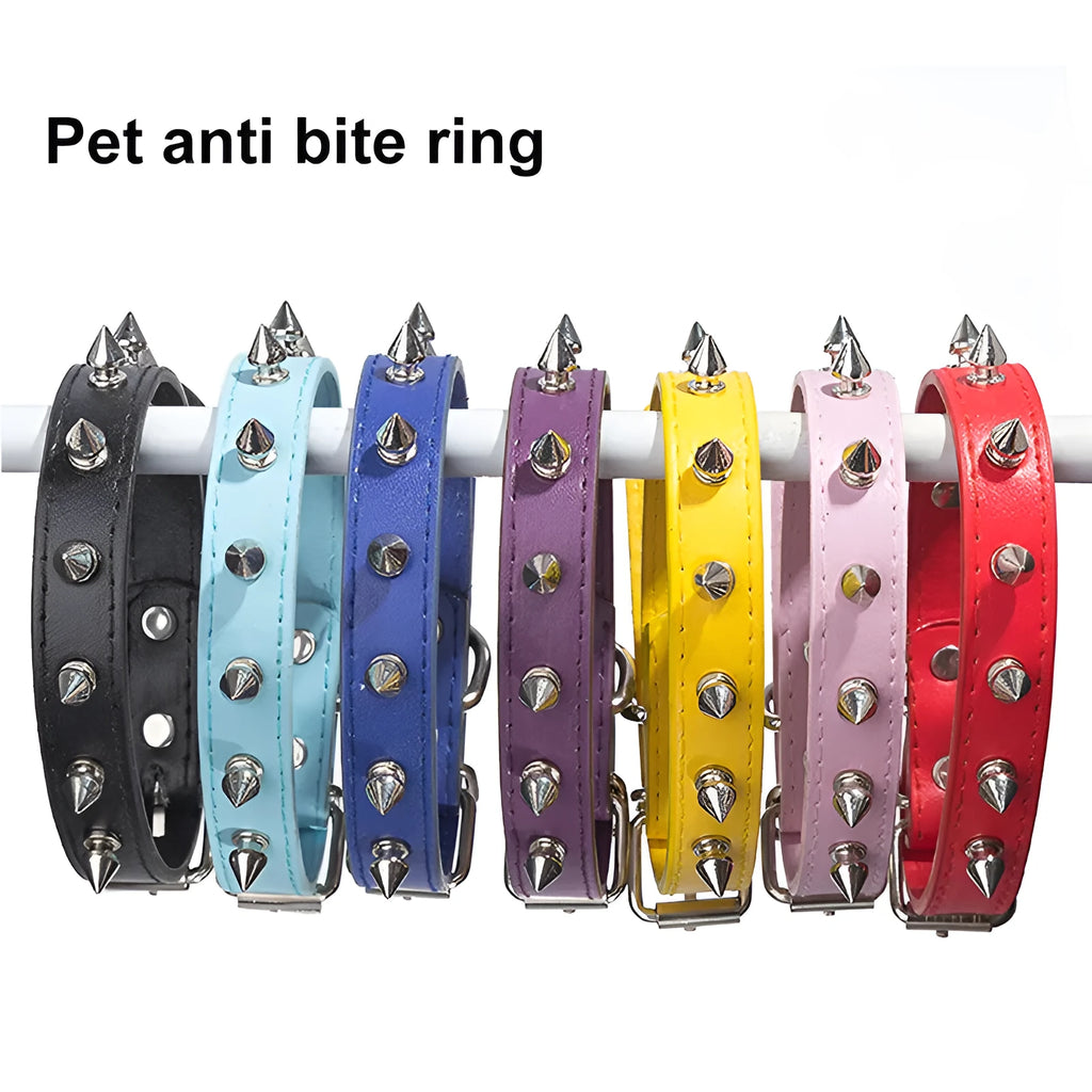 A spiked dog collar made of black PU leather with silver metal studs and an alloy buckle.