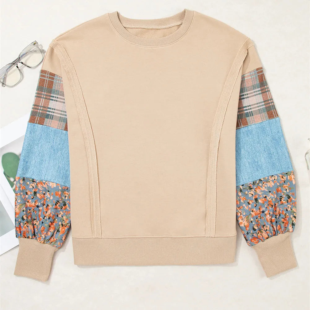 Women's loose fit plaid stitching long-sleeved polyester top in apricot colour