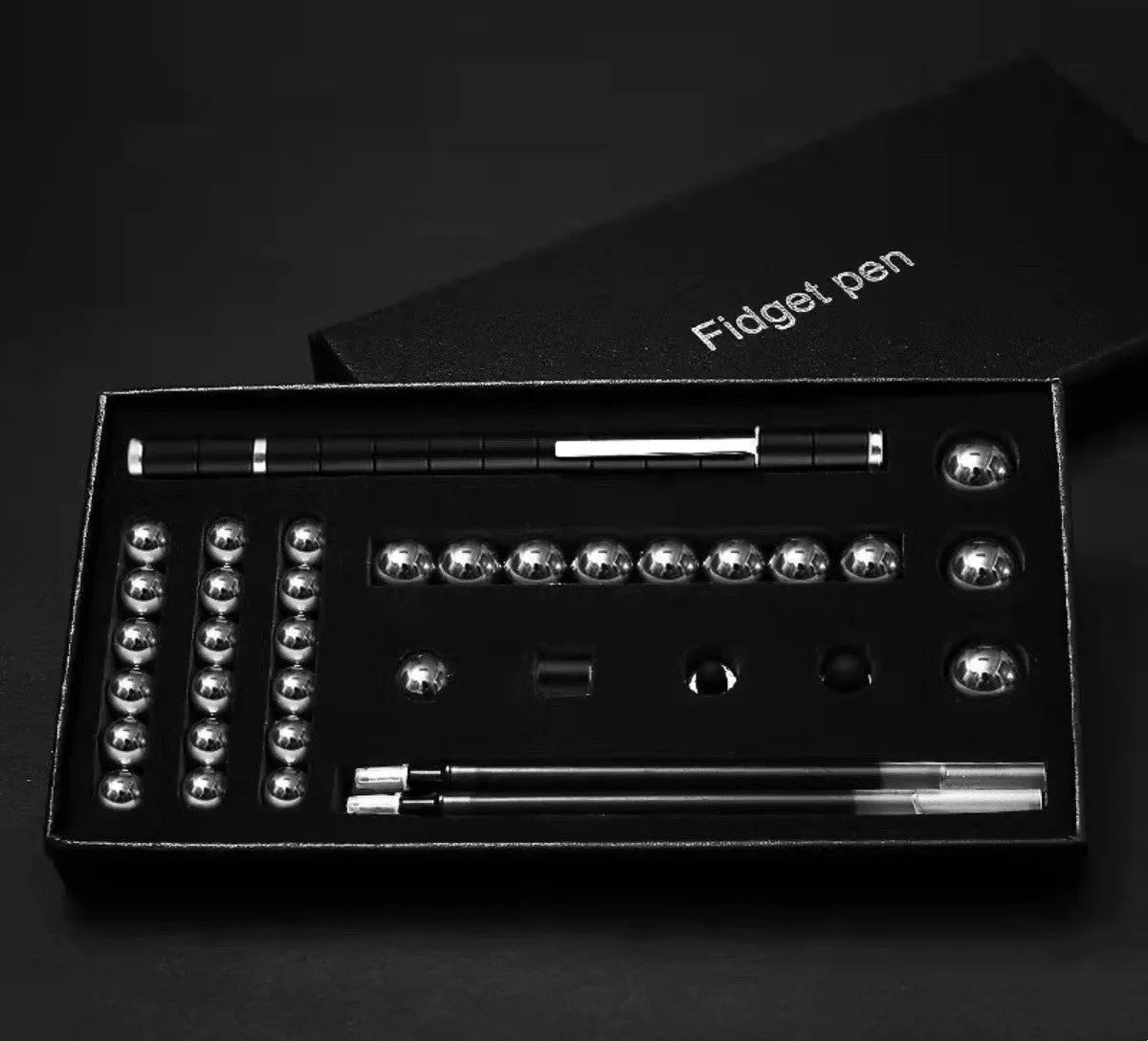 Magnetic modular pen with 13 rings, 12 steel balls, 3 refills, and capacitive head in silver iron box