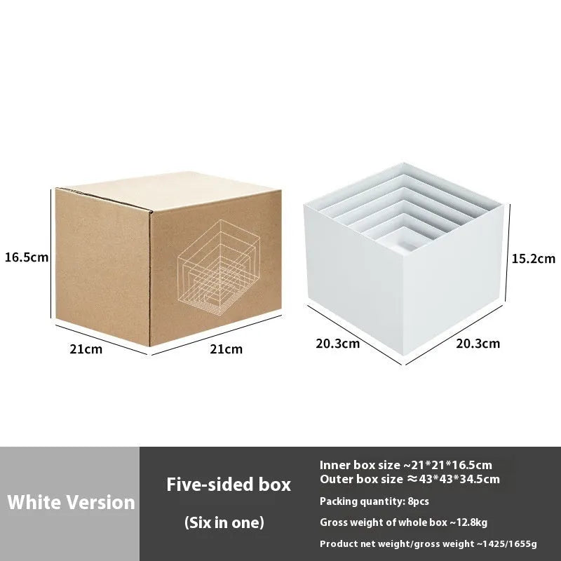 White plastic cube dessert display stand with six individual pieces for cake and confectionery presentation