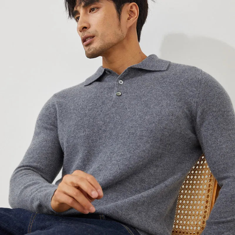 Men's cashmere polo collar pullover sweater in loose fit on hanger