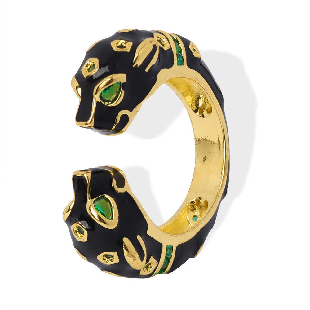 Black cheetah oil drip pattern geometric open ring for women