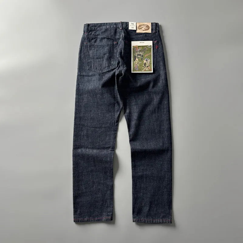 Men's straight leg jeans in American retro style with primary colour wash and mid waist design