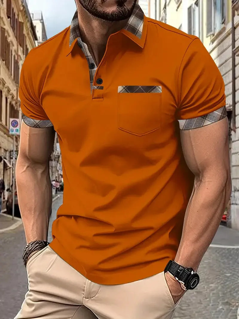 Men's plaid colourblock t-shirt with zipper decorations and short sleeves in loose fit