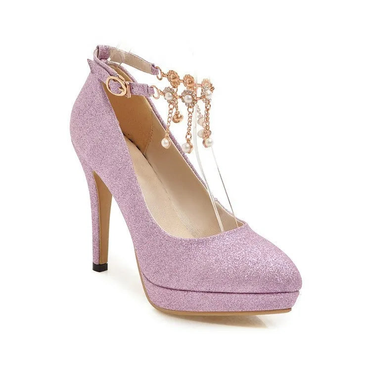 Women's solid colour platform high heel with stiletto heel and pointed toe in blue, pink, gold, or silver.