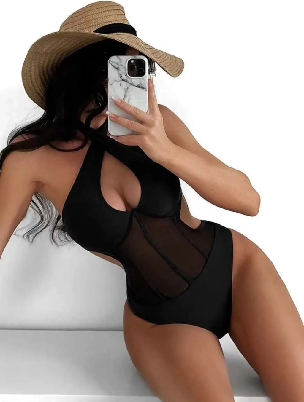 Women's one-piece spun yarn swimsuit bikini on a hanger in black, rose red, and green colour options.
