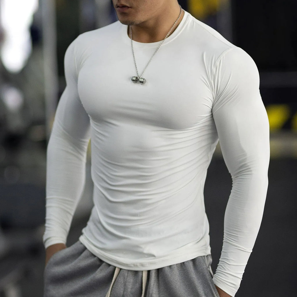 Men's long sleeve slim fit fitness tights in black and white colour options