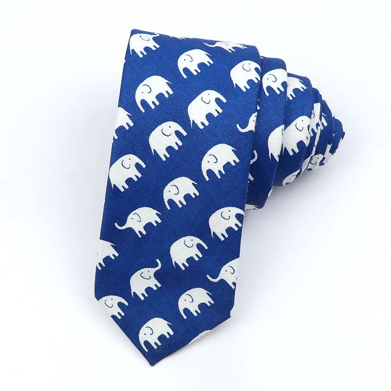 Korean style narrow men's cotton bow tie with a cartoon print pattern on an adjustable neck band.