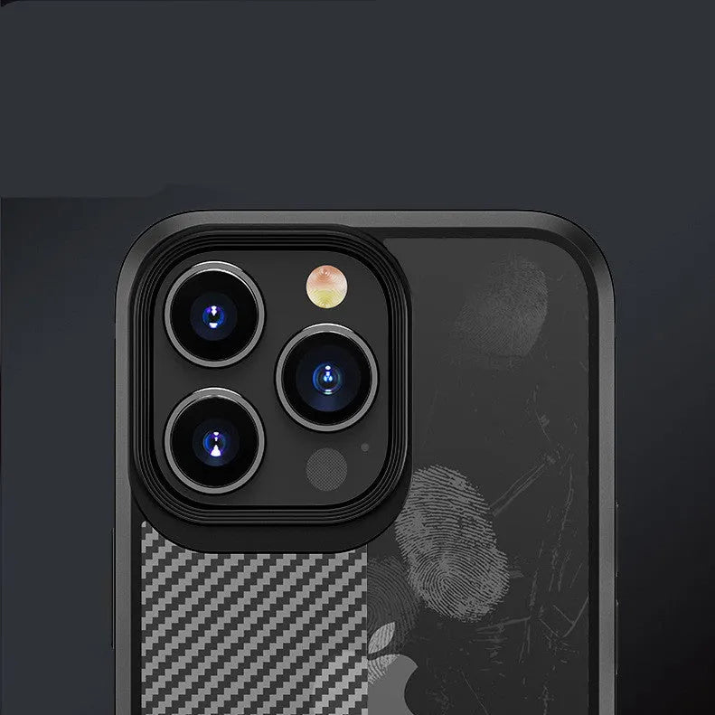 Black and blue anti fall protective mobile phone cases for iPhone 13 series with carbon fibre pattern.