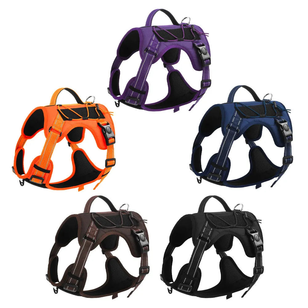 Orange reflective dog harness with explosion-proof breast strap and black hand-holding rope laid flat