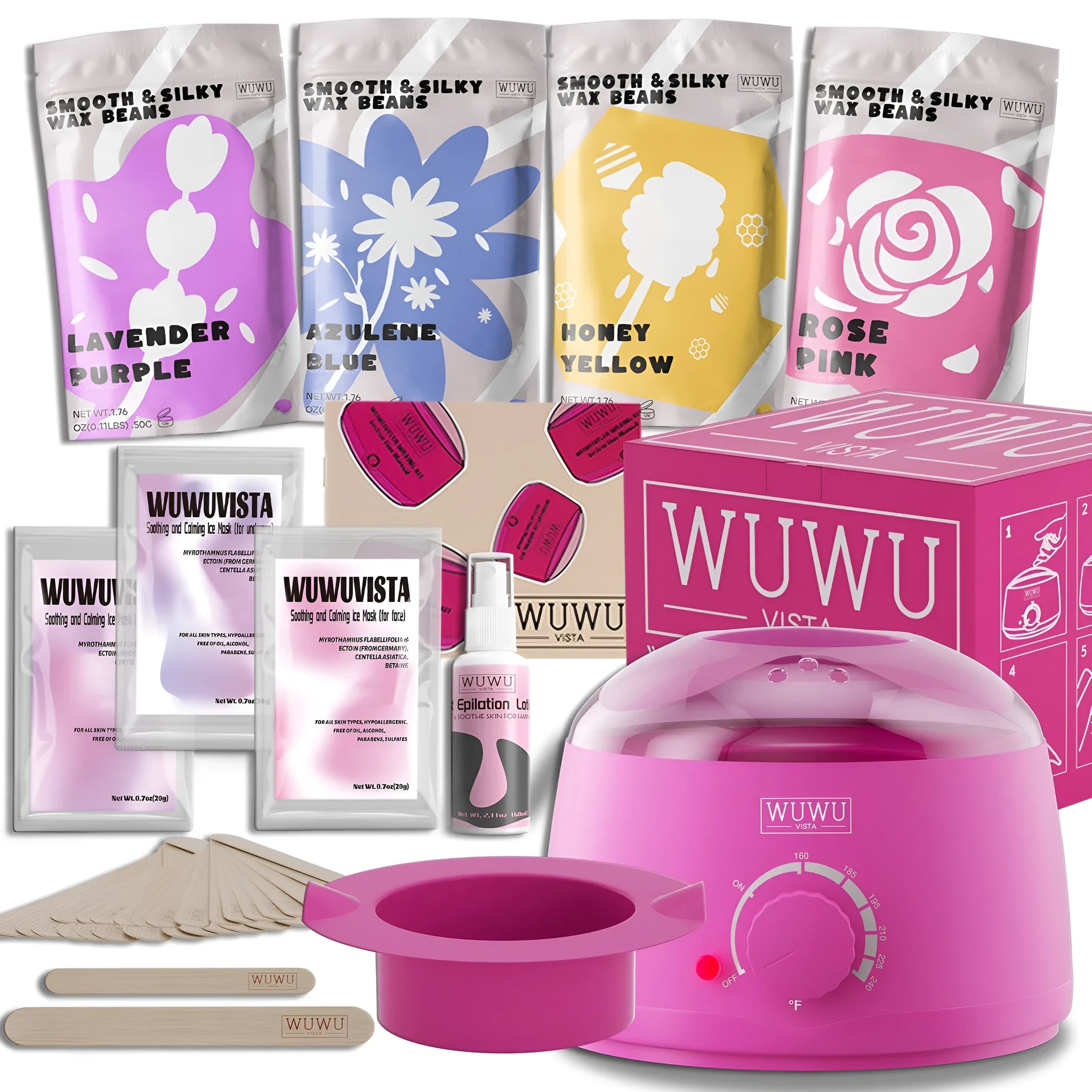 Waxing gift set with wax warmer, wax beads, facial and body sticks, aftercare products