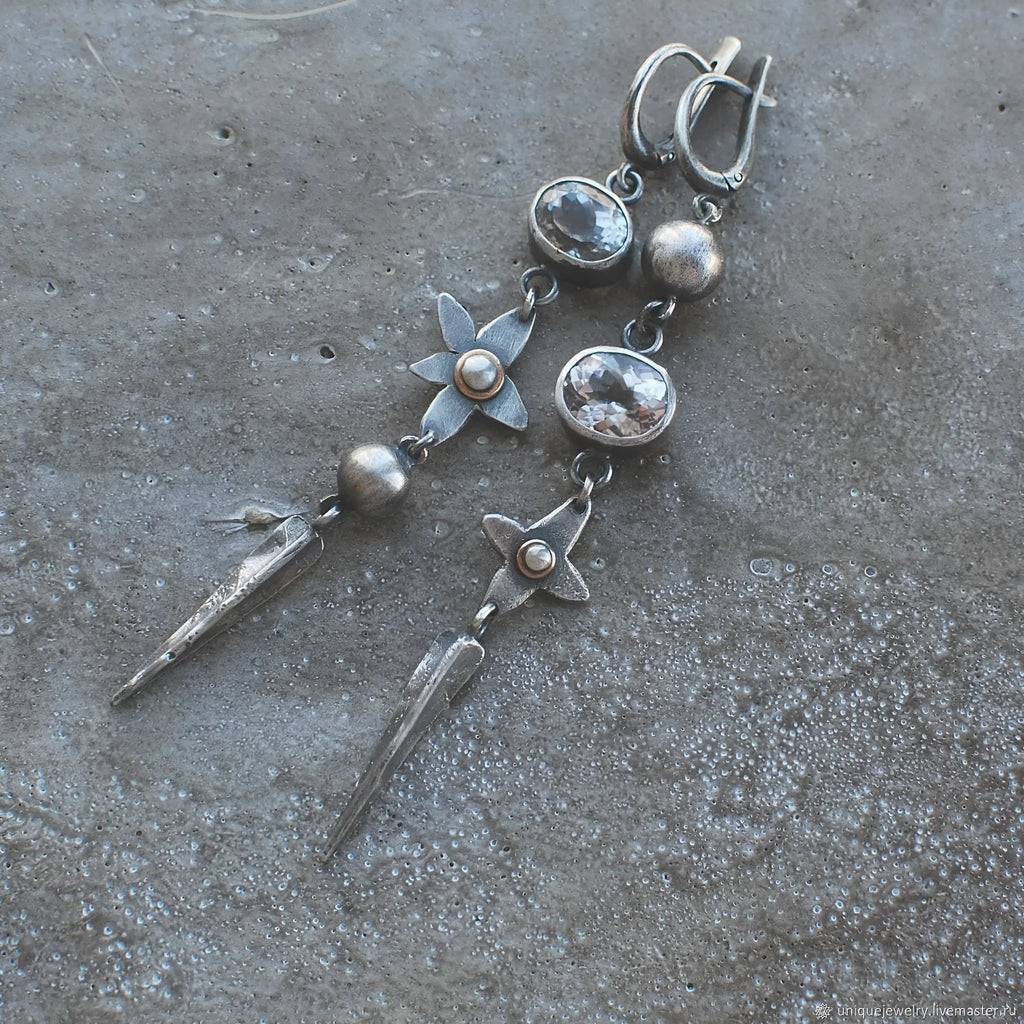 Geometric antique silver-plated earrings with XINGX chain design and rhinestone accents