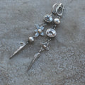 Geometric antique silver-plated earrings with XINGX chain design and rhinestone accents
