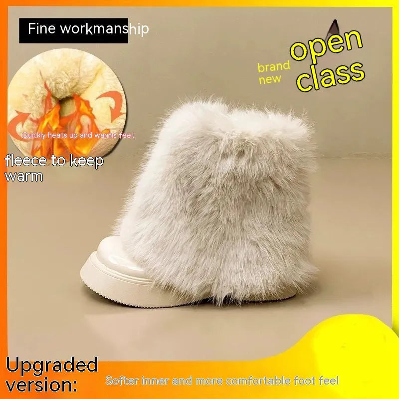 Women's black artificial plush snow boots with fleece lining and waterproof platform sole