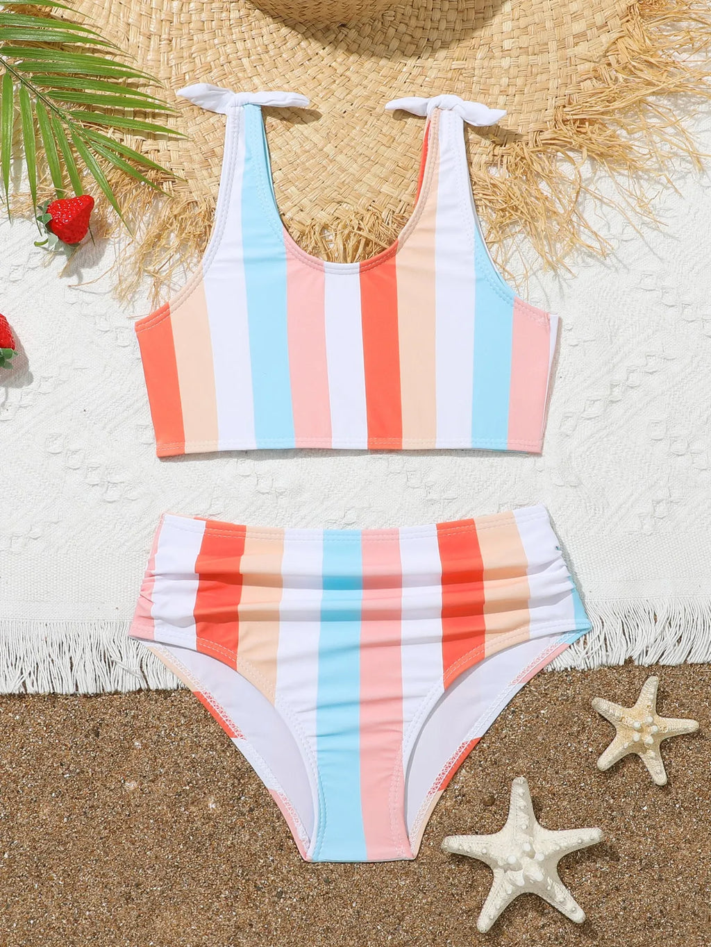 Girls printed plaid swimsuit set with briefs, polyester lining, sizes 2-3T to 11-12T, multiple colours
