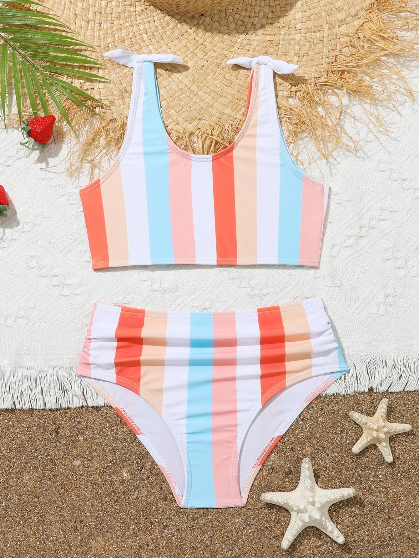Girls printed plaid swimsuit set with briefs, polyester lining, sizes 2-3T to 11-12T, multiple colours