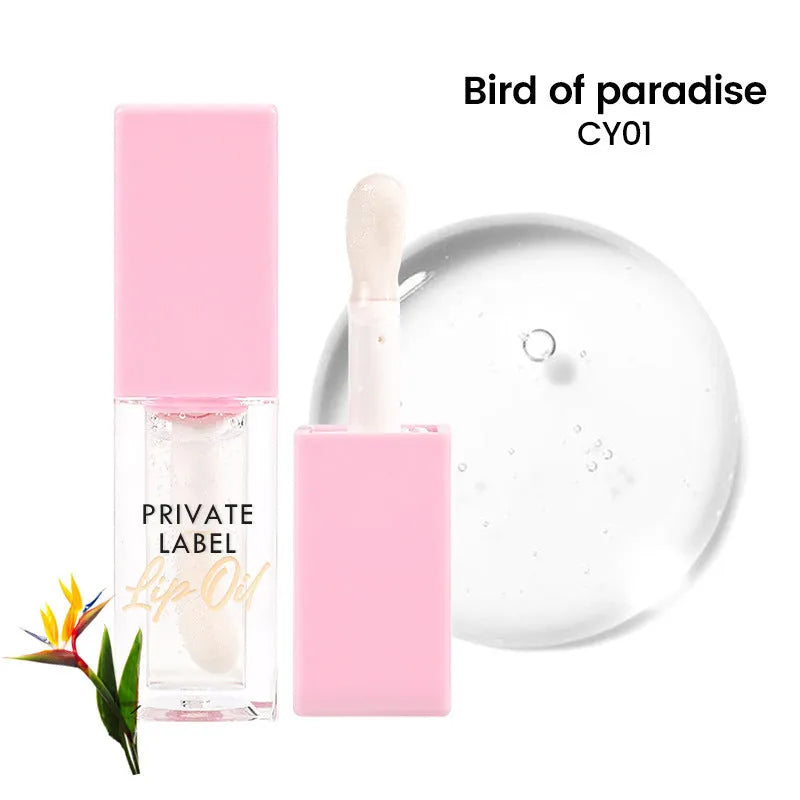 Transparent lip gloss tube showing six fruit shade options including cherry and watermelon