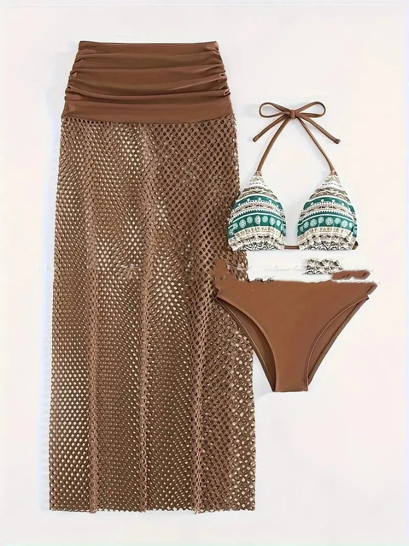 Women's brown gradient fishnet long skirt and bikini three-piece set on a mannequin