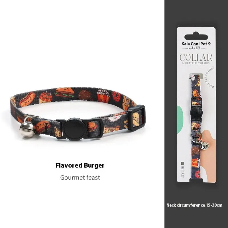 Woven polyester cat collar with anti-suffocation safety buckle and bell in green jungle colour grid pattern