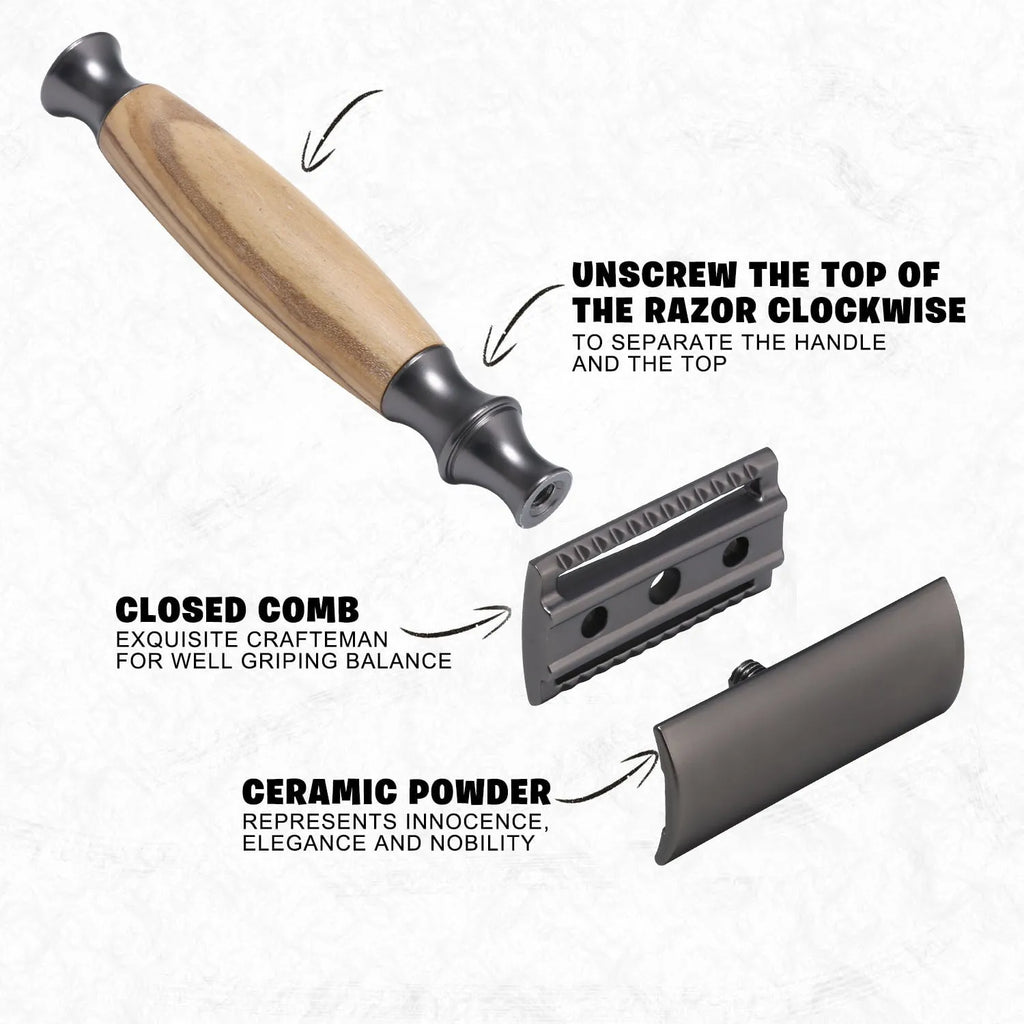 Men's copper manual shaving razor with olive wood handle and aluminium alloy construction